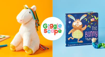 A plush unicorn on a gold background and a board book with a bunny illustration on a light blue background, with the Gigglescape logo in the center of the frame.