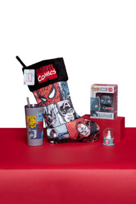 Display of Marvel Avengers themed items including stocking, doll, and tumbler with straw.