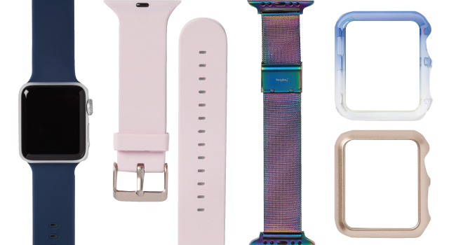 Apple Watch with blue band, and a variety of additional bands and bumpers