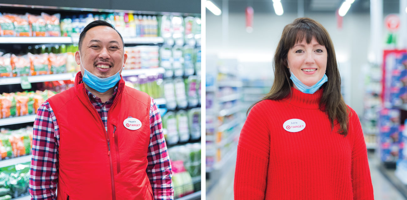 Two images. Left, a Target team member stands in front of a cooler filled with fresh vegetables. Right, a Target team member wearing a mask stands in the middle of an aisle with shelves of product in the background.