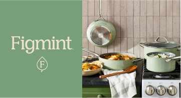 Mint green pots and pans on a stove and the word “Figmint” and logo on a green background.