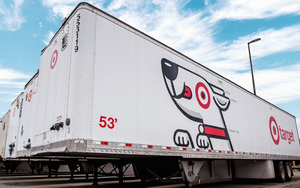 A semi trailer with the Target logo and Bullseye image.