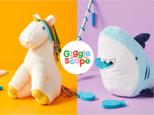 A plush unicorn on a gold background and a plush shark on a purple background, with the Gigglescape logo in the center of the frame.
