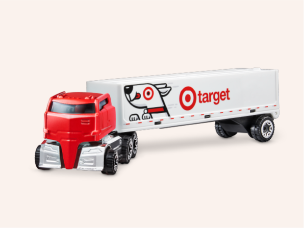 The Target Hot Wheels Truck with a red cab and white trailer featuring a cartoon image of Bullseye the dog and the word “Target” next to the Target bullseye logo.