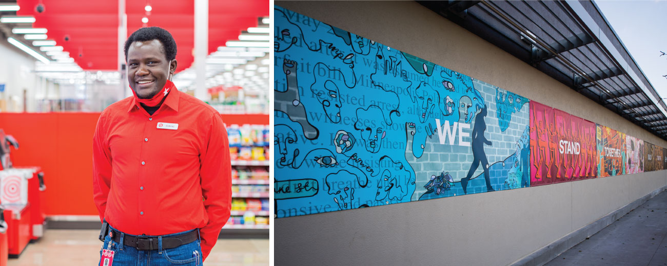 Two images. Left, a team member stands in the self-checkout area at the Lake Street store. Right, a narrow banner made up of seven sections reading “We Stand Together, We Build Together” hangs on a grey exterior wall of the Lake Street store. Each section has one word of the phrase, with a background of unique drawings in shades of a single color.
