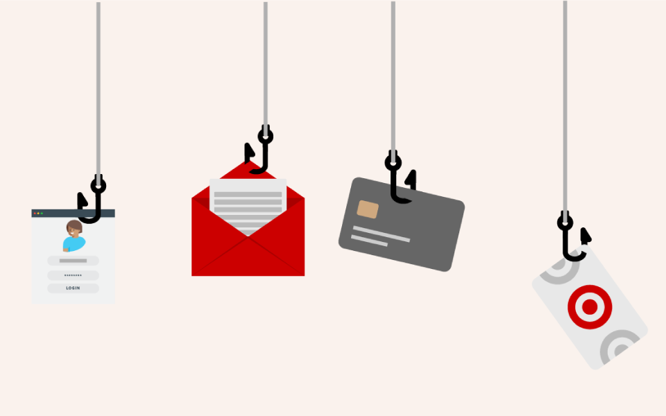 An illustration of four hooks holding an ID badge, a red envelope, a credit card and a Target GiftCard.