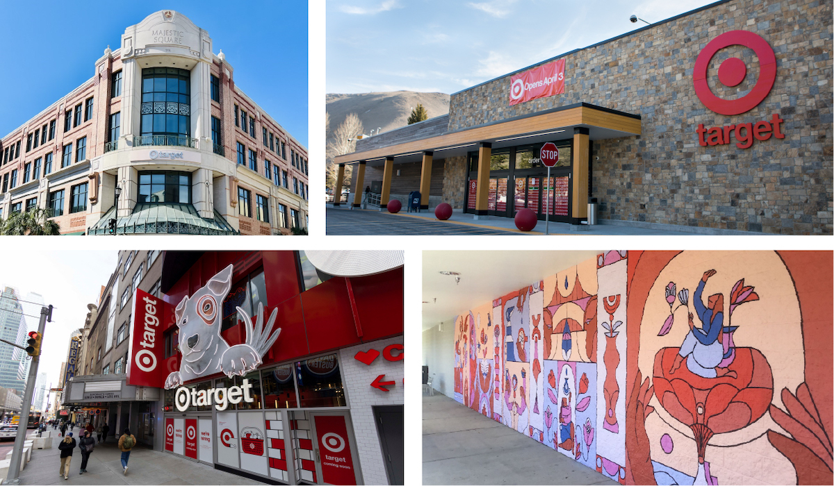 Exterior images of Target’s new stores in Charleston, South Carolina; Jackson, Wyoming; New York City’s Times Square; and a mural outside of Cedar Mill, Oregon.