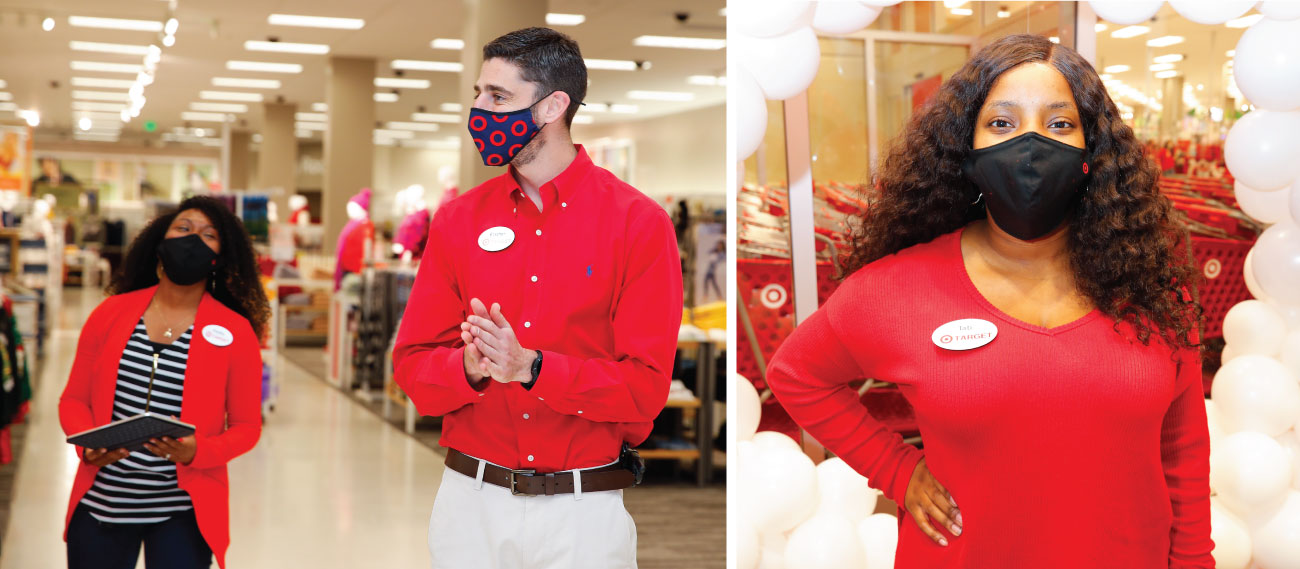 Two images. Left, a Target team member wearing a mask stands in an aisle with mannequins modeling clothing and shelves of apparel in the background. Next to him, another Target team member looks at him. Right, a Target team member wearing a mask stands in front of a ring of balloons with Target shopping carts in the background.