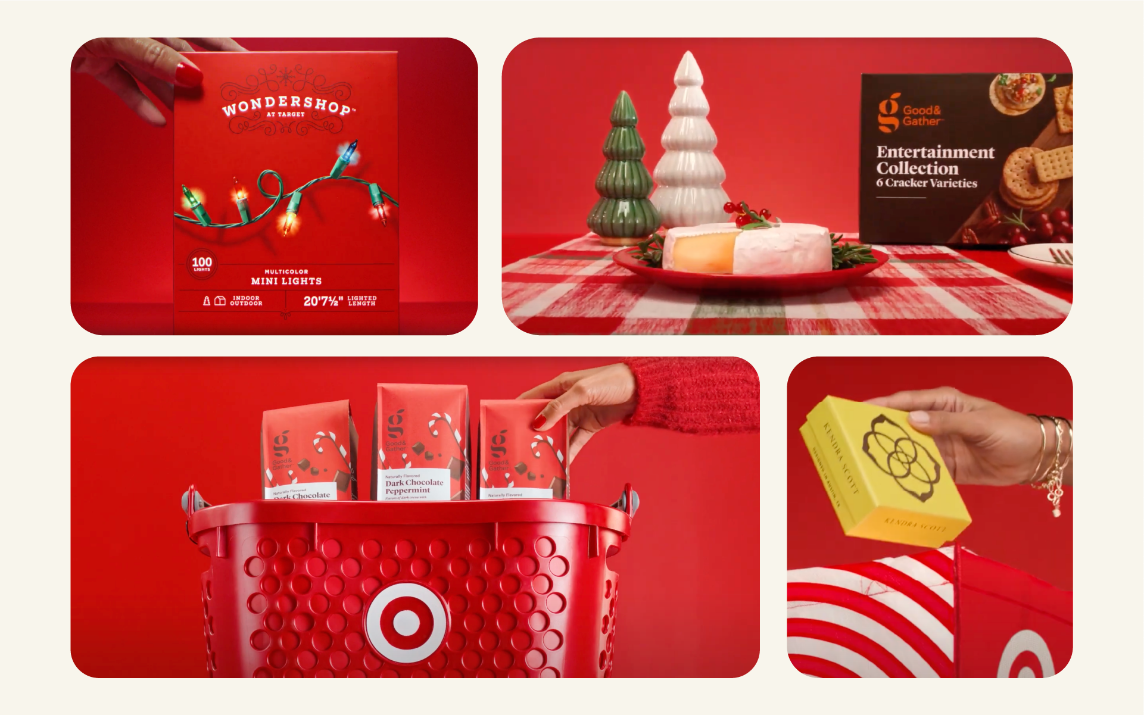A collage of images from Target’s holiday marketing campaign (left to right): A box of Wondershop mini holiday lights, a table setting with brie and a box of Good & Gather Entertainment Collection crackers, a hand reaches into a Target bag to grab a Kendra Scott jewelry box, and a Target shopping basket with three bags of Good & Gather Dark Chocolate Peppermints.
