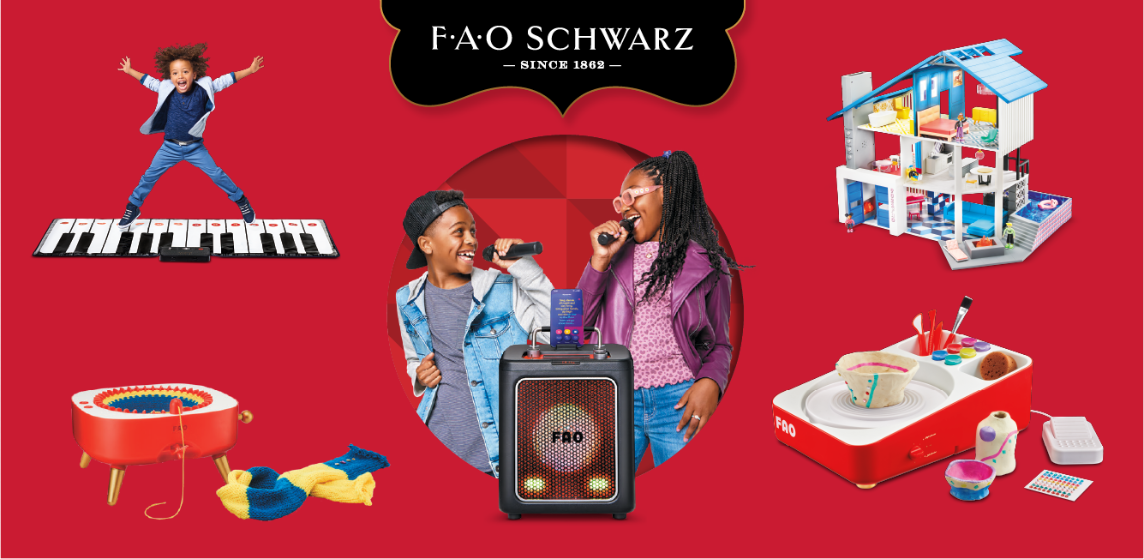The FAO Schwarz logo and several FAO Schwarz toys, including a kid jumping on the Dance-On Piano Mat and two kids holding microphones and singing with a karaoke machine.