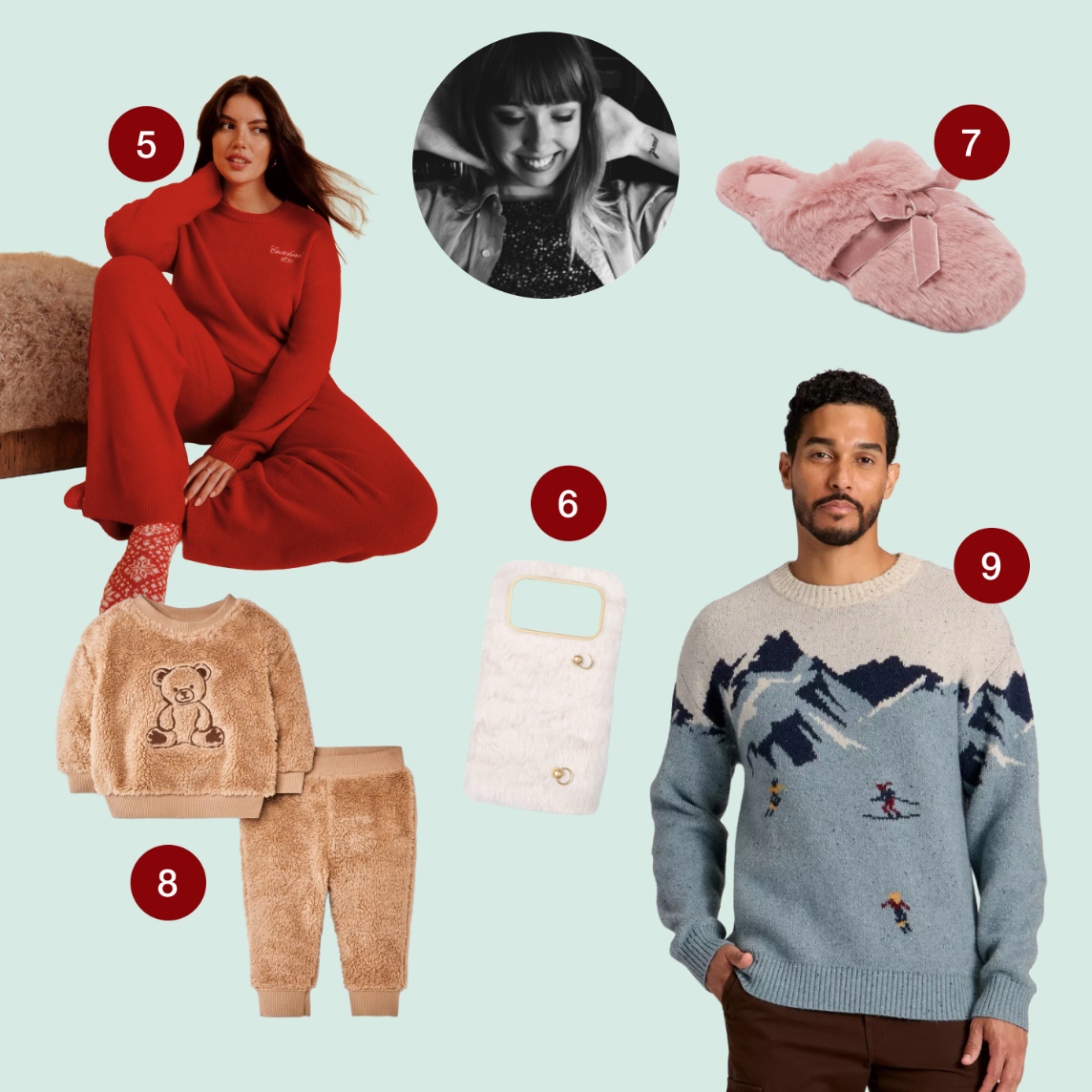 A collage features an image of Senior Designer, Jessie Roselyn, and five holiday gift items: Cozy loungewear, a furry phone case, pink slippers, a teddy bear kids’ set, and a winter sweater.
