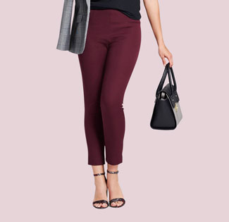 A model wears ankle-length maroon pants