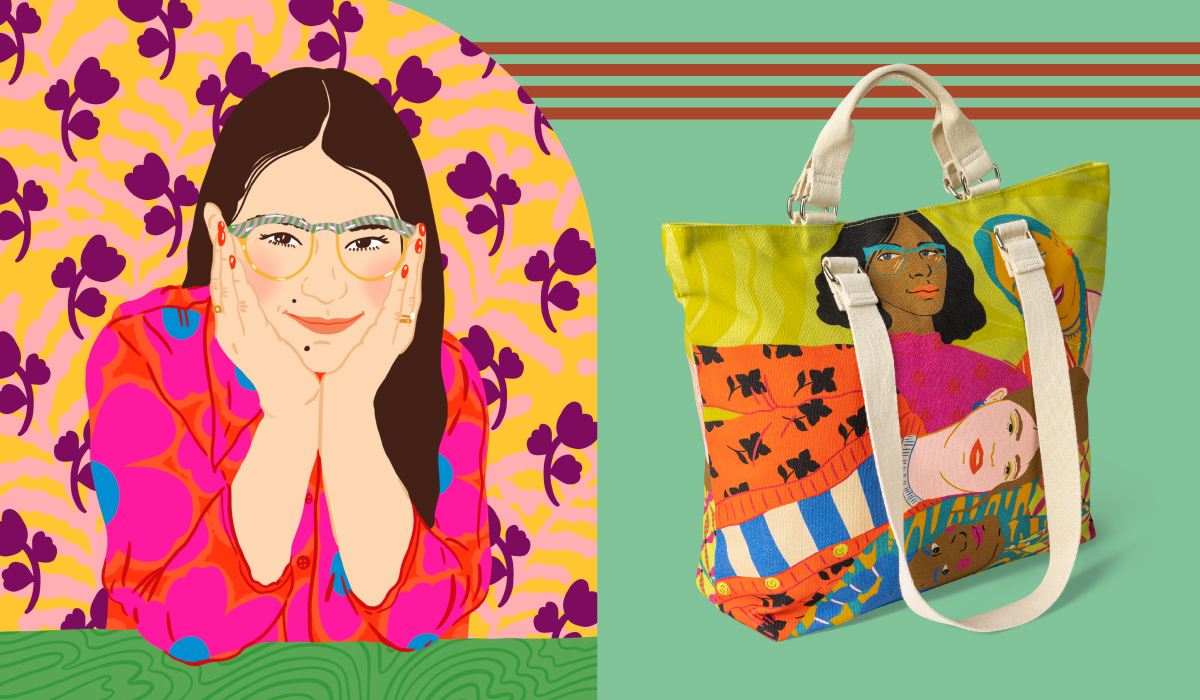Side-by-side images. Left: an illustration of a smiling woman wearing glasses and a multicolored shirt rests her head on her hands. Right: a multi-colored tote bag adorned by artwork of three women drawn with diverse skin tones on its side.