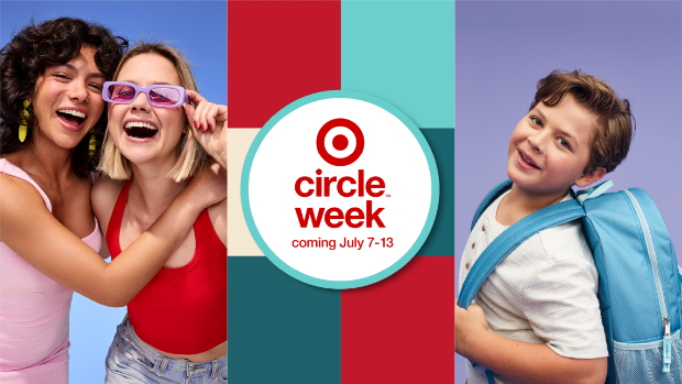 Two models laughing together; the words “circle week coming July 7-13"; and a student in a white shirt wearing a blue backpack.
