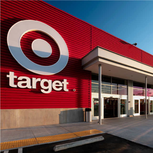 The front of Target’s Yorba Linda, California, store, with the Bullseye logo in the foreground and front doors.