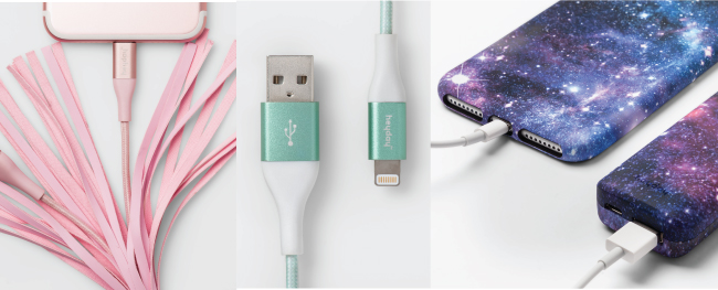 A variety of colorful phone chargers and accessories