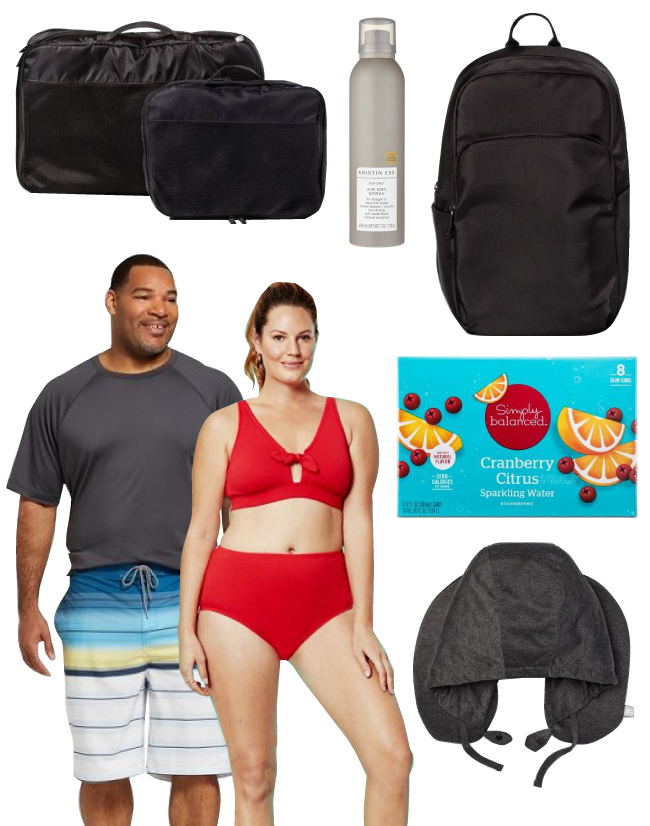 Black luggage, hair spray, a pack of sparkling water, a man and woman wearing swimwear and a travel pillow