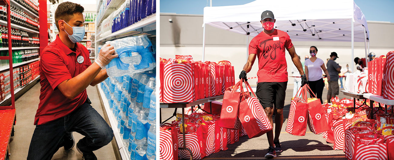 A two-image collage shows a team member in red shirt and mask stacking water bottle pallets on a shelf and a team member in red shirt and mask carrying red Target bags of food outside near a white tent