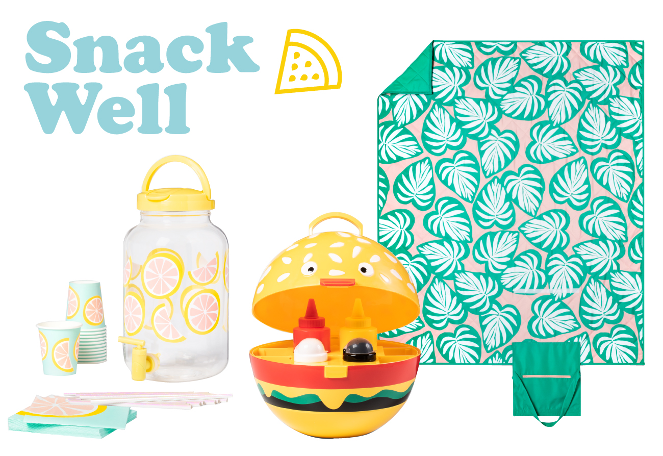 Photo collage with Snack Well text, watermelon icon, beverage dispenser set, hamburger caddy and palm leaf picnic blanket