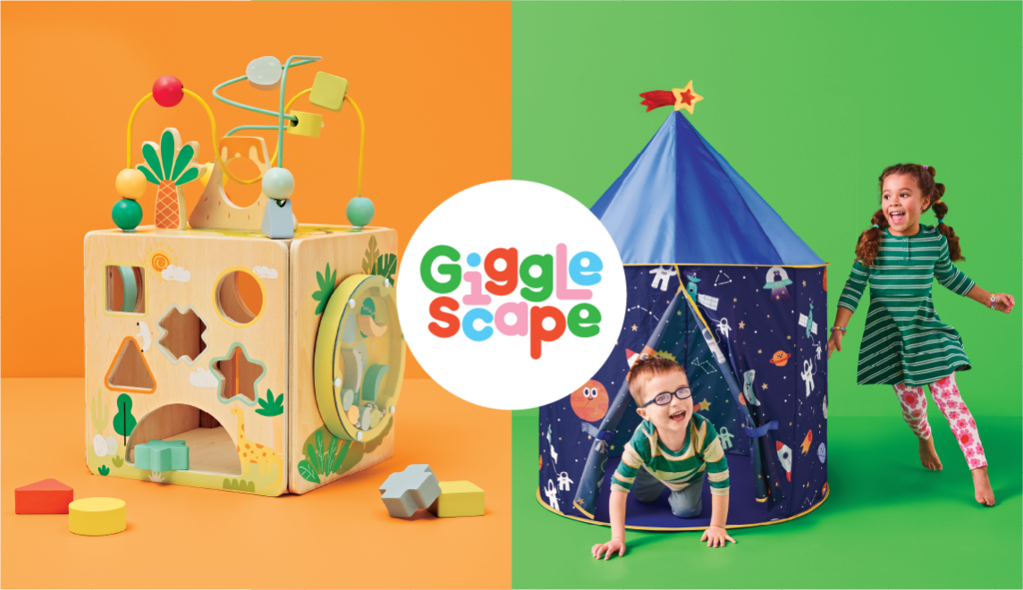 A Gigglescape activity cube and two children playing in a blue tent, and the Gigglescape logo in a white circle.