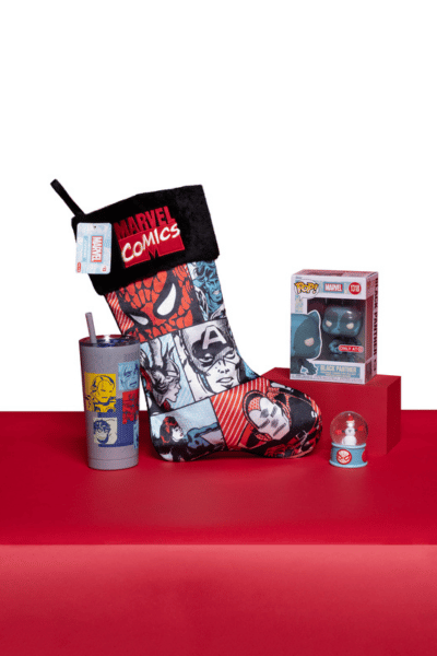 Display of Marvel Avengers themed items including stocking, doll, and tumbler with straw.