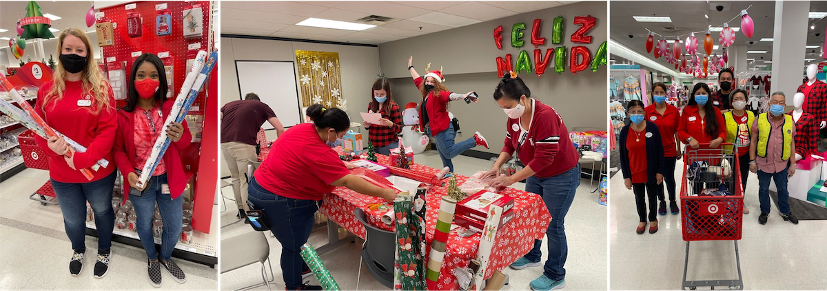 Three photos. At left, team members hold gift wrap. In middle, four team members wrap gifts while another team member dances in the background. At right, team members wearing masks pose with their cart of items.