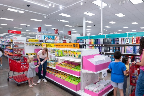 Families navigate the aisles of Target, filling their carts with back-to-school necessities
