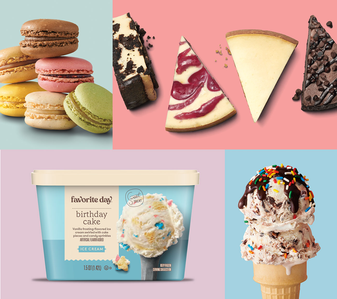 A colorful collage shows a mix of treats like cheesecake and icecream within and out of their packages.