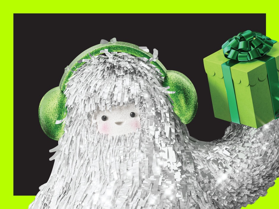 A silver tinsel-covered character wearing green earmuffs holds a green gift box with a matching bow against a black and neon green background.