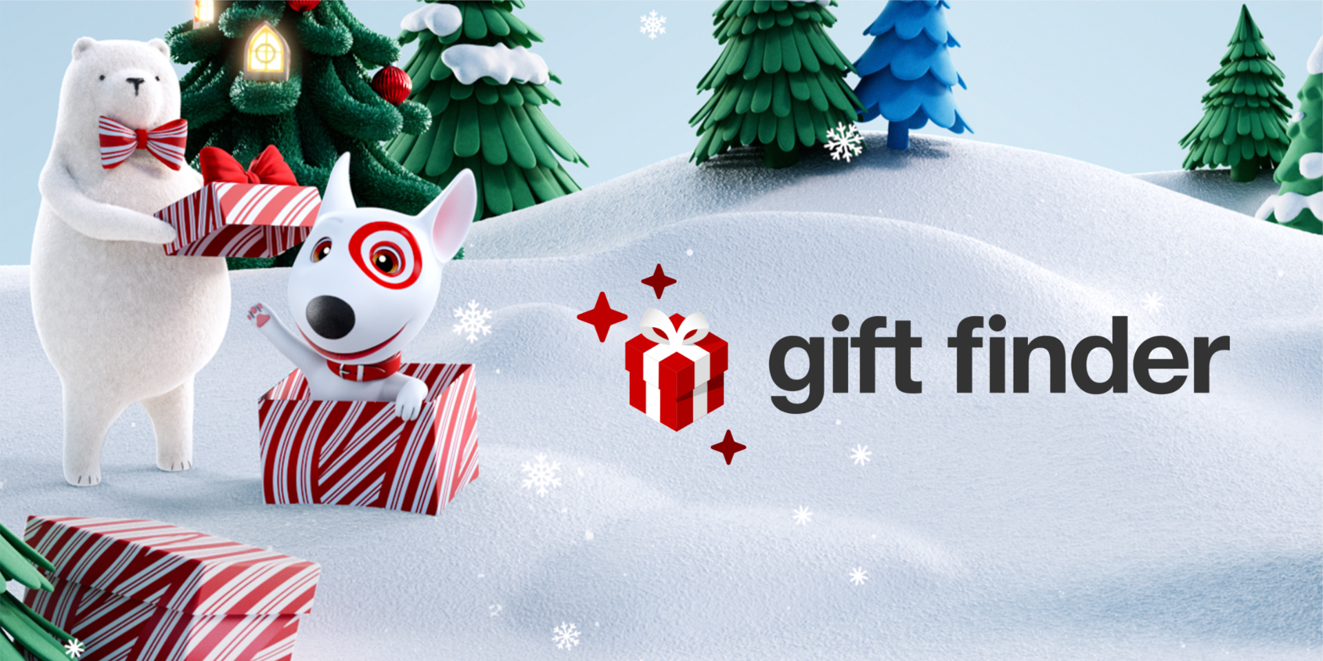 A festive winter forest scene with Berry the polar bear and Bullseye the dog popping out of a gift box. Text reads: Gift Finder.