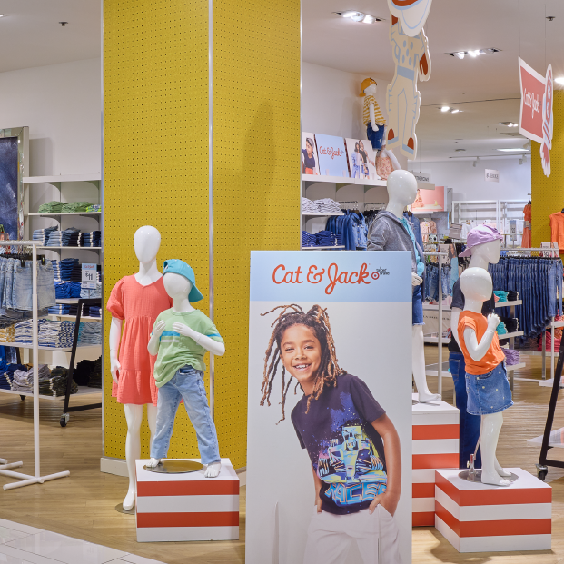 A bright and colorful display of Cat & Jack kids’ apparel items on sale at a Hudson’s Bay store in Canada.