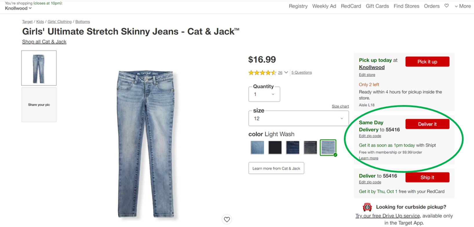 A screen shot of a Target.com product page showing girls' denim jeans, with the Deliver It button on the right