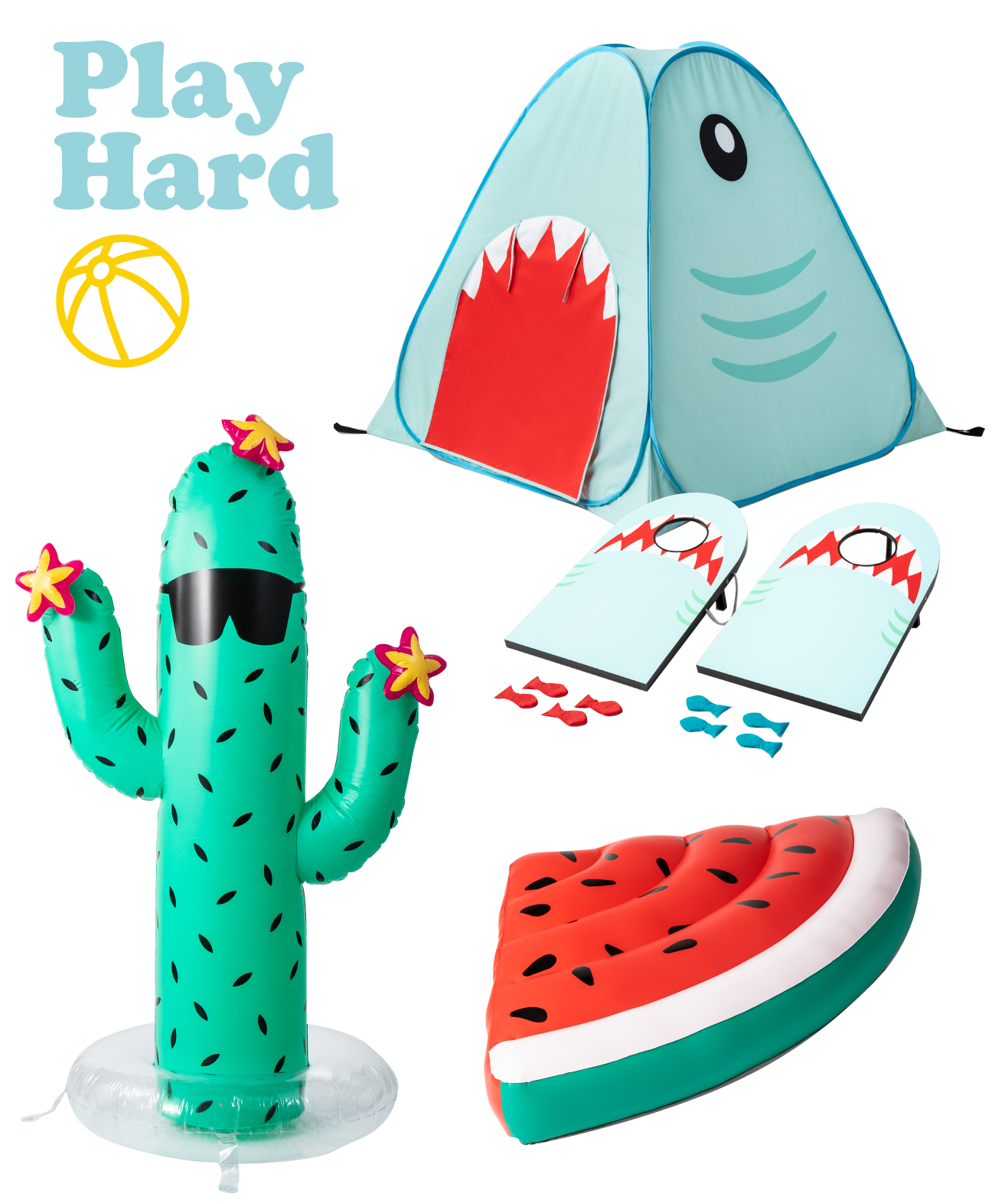 Photo collage with Play Hard text, beach ball icon, shark tent, shark bean bag toss game, cactus sprinkler and watermelon slice float