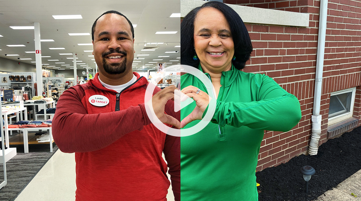 A split screen photo of a son in a Target store and his mother, with each holding up one hand to make half a heart