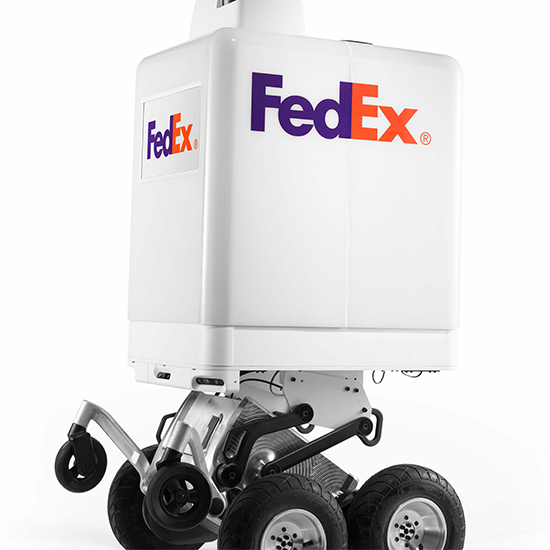 A white robot with the FedEx logo