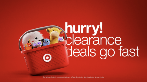 Toys peek over the edge of a Target basket, behind reads "hurry! Clearance deals go fast."