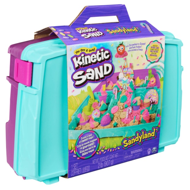 Portable, foldable playset that includes 2 pounds of Kinetic Sand, 15+ tools, and themed molds.