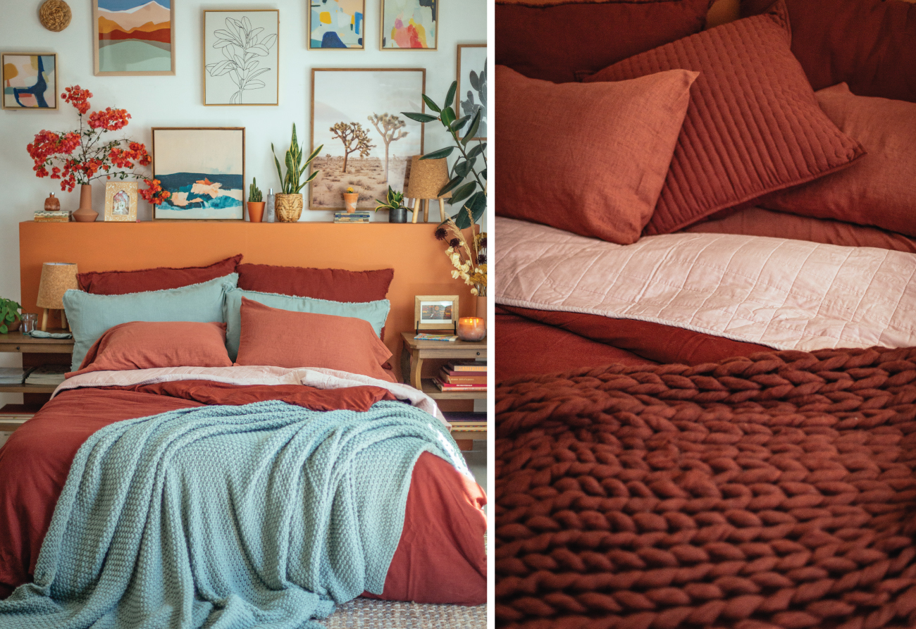 Two images show Casaluna bedding styled in rich, colorful layers.
