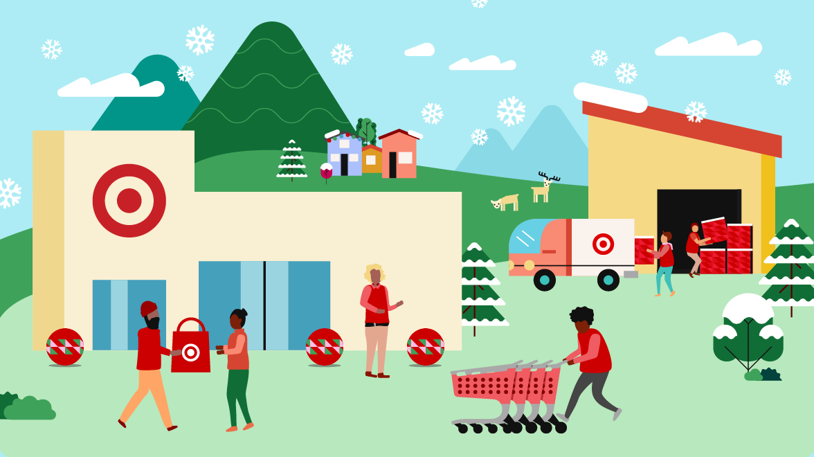 An illustration showing team members working at a Target store and distribution center while snow falls.