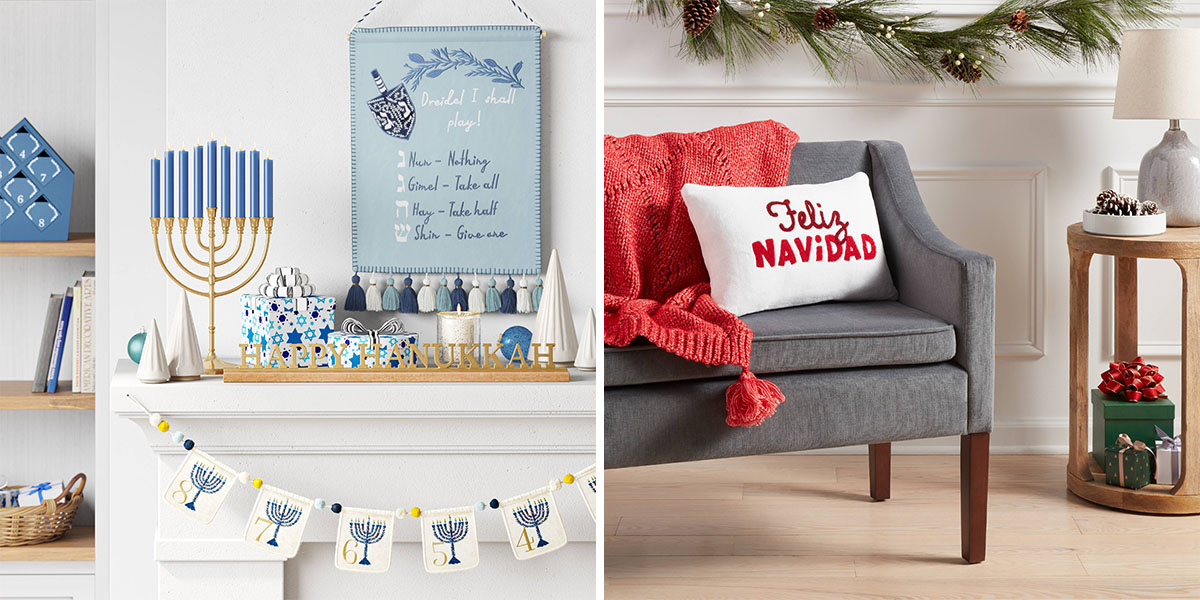 A two-image collage; the first is a mantle decorated in blue, white and gold Hanukkah items, and the second features a grey couch with a Feliz Navidad sherpa pillow.