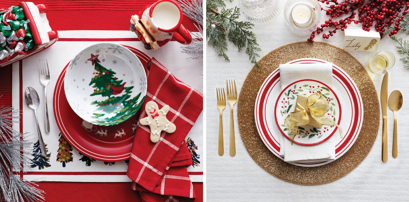 Two place setting images, one featuring classic red with a Christmas tree and the other featuring gold and holiday holly