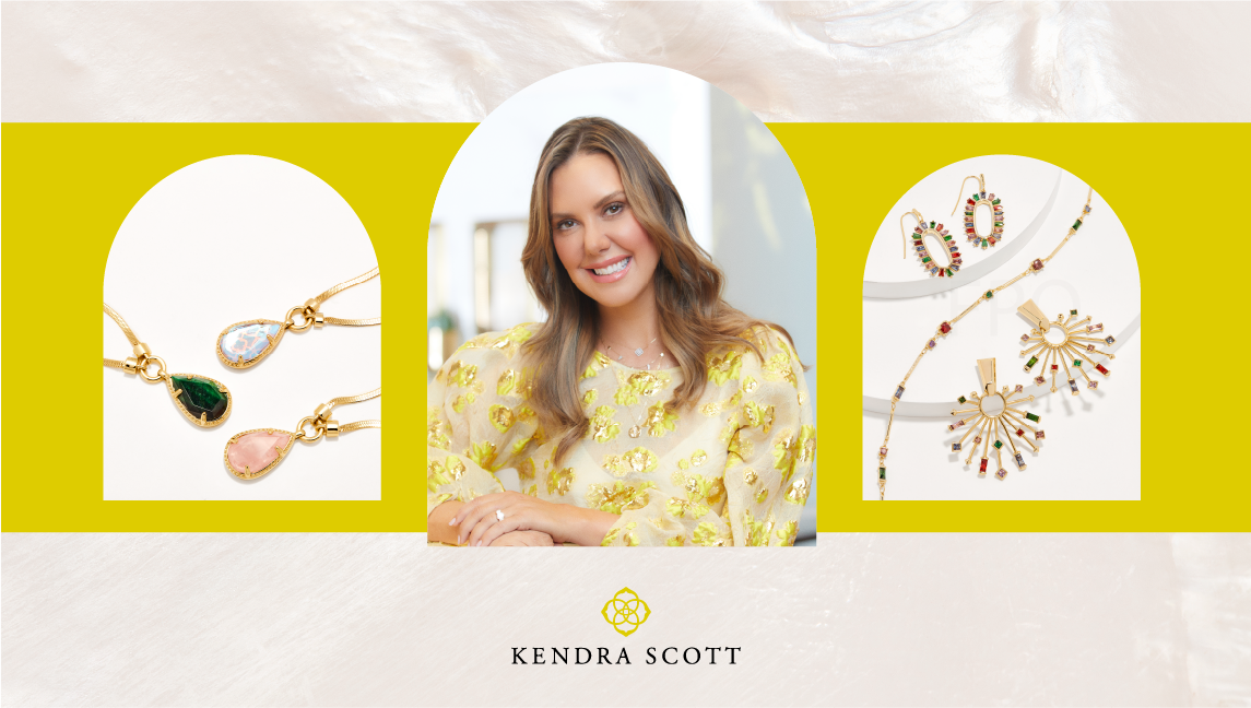 Three Kendra Scott necklaces; Kendra Scott wearing a yellow top; and Kendra Scott earrings and necklace.