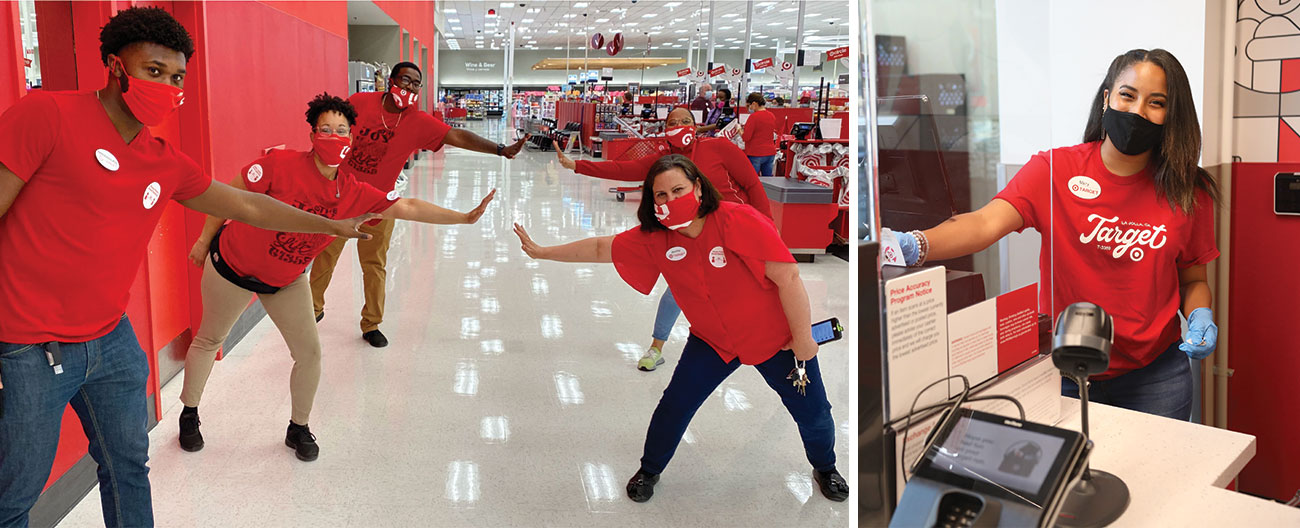 A two-image collage shows team members in red shirts and masks doing a socially-distant high five and a team member in red shirt, mask and gloves smiling at a guest services counter