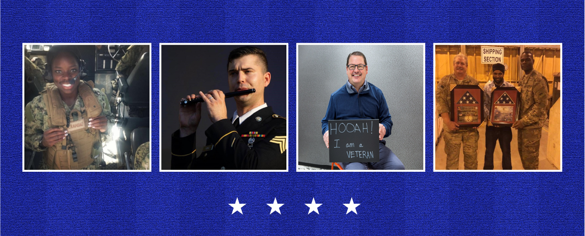 Four team member photos arranged in a row, wearing U.S. military uniforms or business casual attire, in front of a patriotic background.