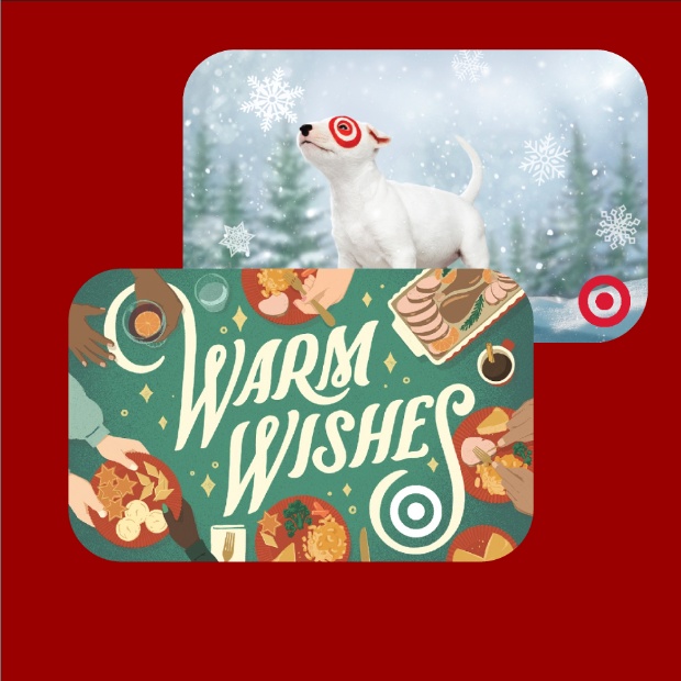 Two Target holiday GiftCards on a red background.
