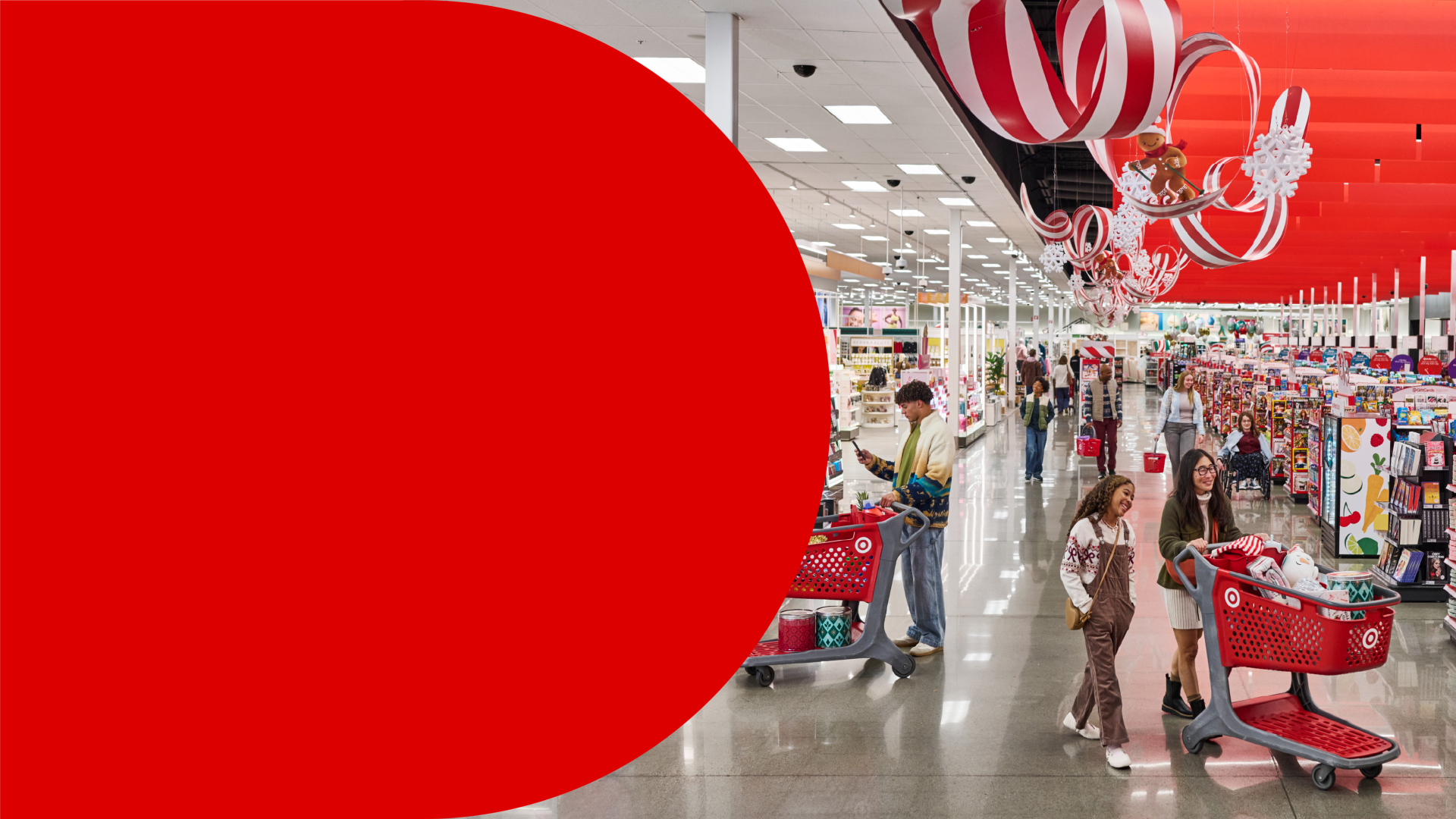 A graphic with a red half circle and a photo of guests in a Target store.