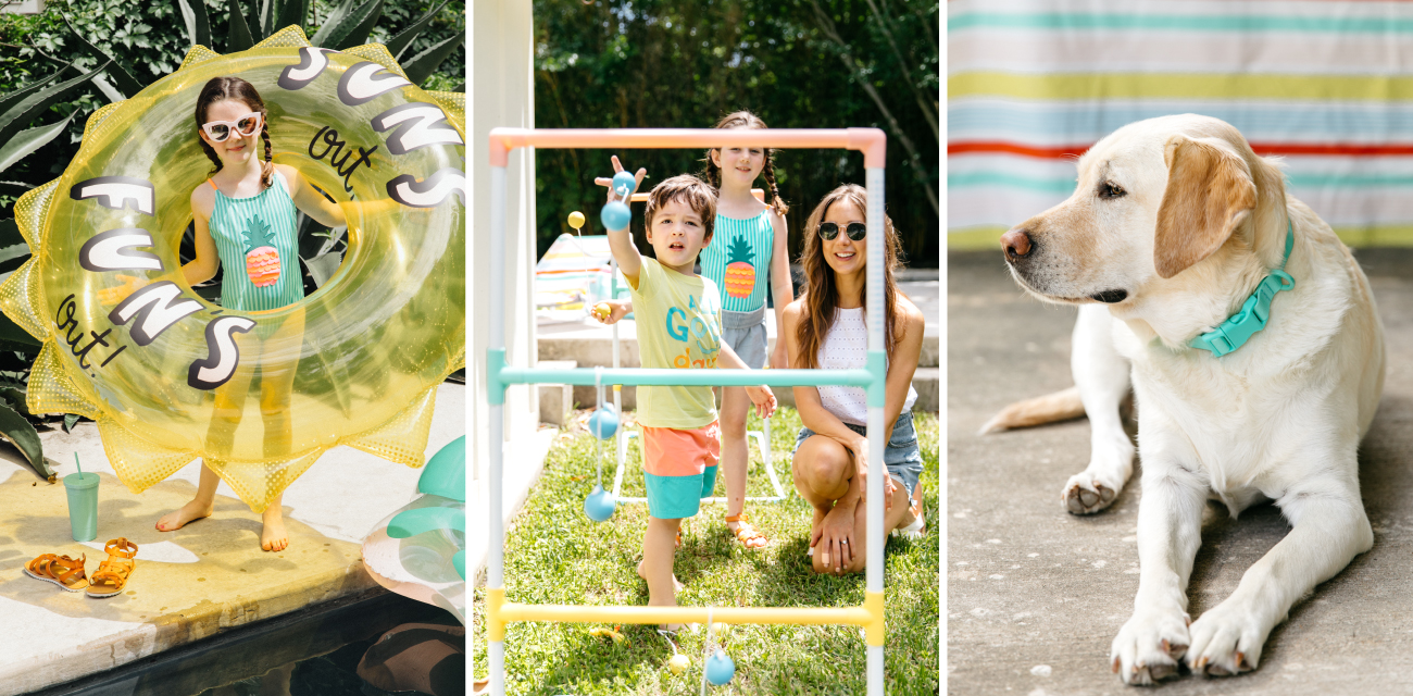 Collage of three images: little girl with sun pool float, family playing a lawn game and a dog in a teal collar