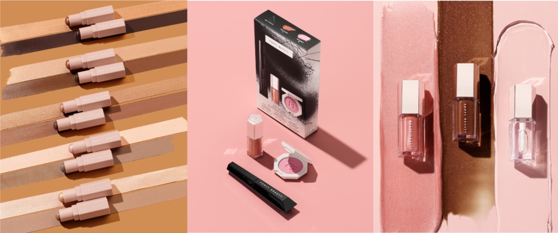 Three Exclusive-to-Target Fenty Snackz sets, including Mini Match Stix Duo Contour + Shimmer Sets; the Fenty Fam Faves Eye, Lip + Highlighter Set; and the Lil Gloss Bomb Trio Mini Lip Gloss Set.