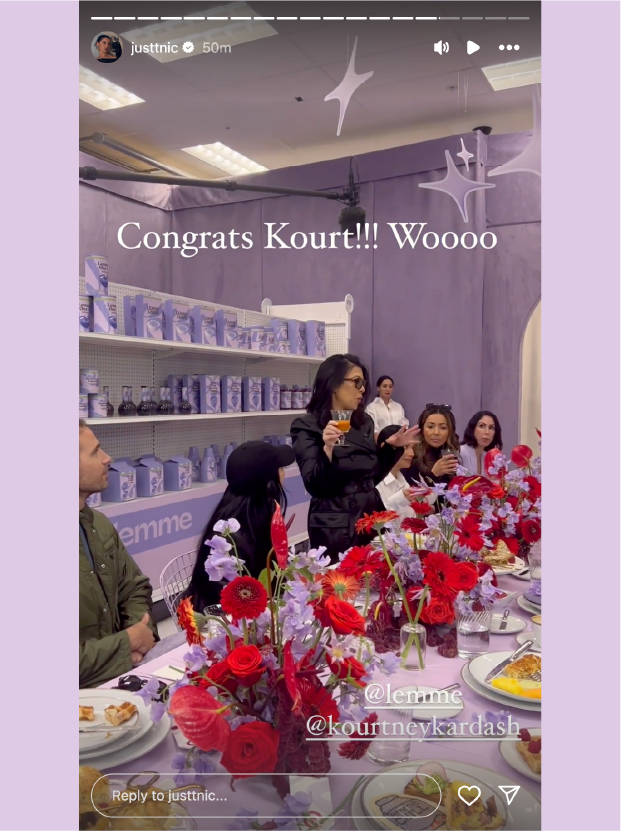 An Instagram story screenshot of Kourtney Kardashian Barker celebrating in a Target store with friends and family. A text overlay reads "Congrats Kourt!!! Woooo"