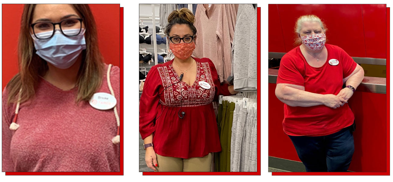 A three-photo collage shows three team members in red tops wearing masks